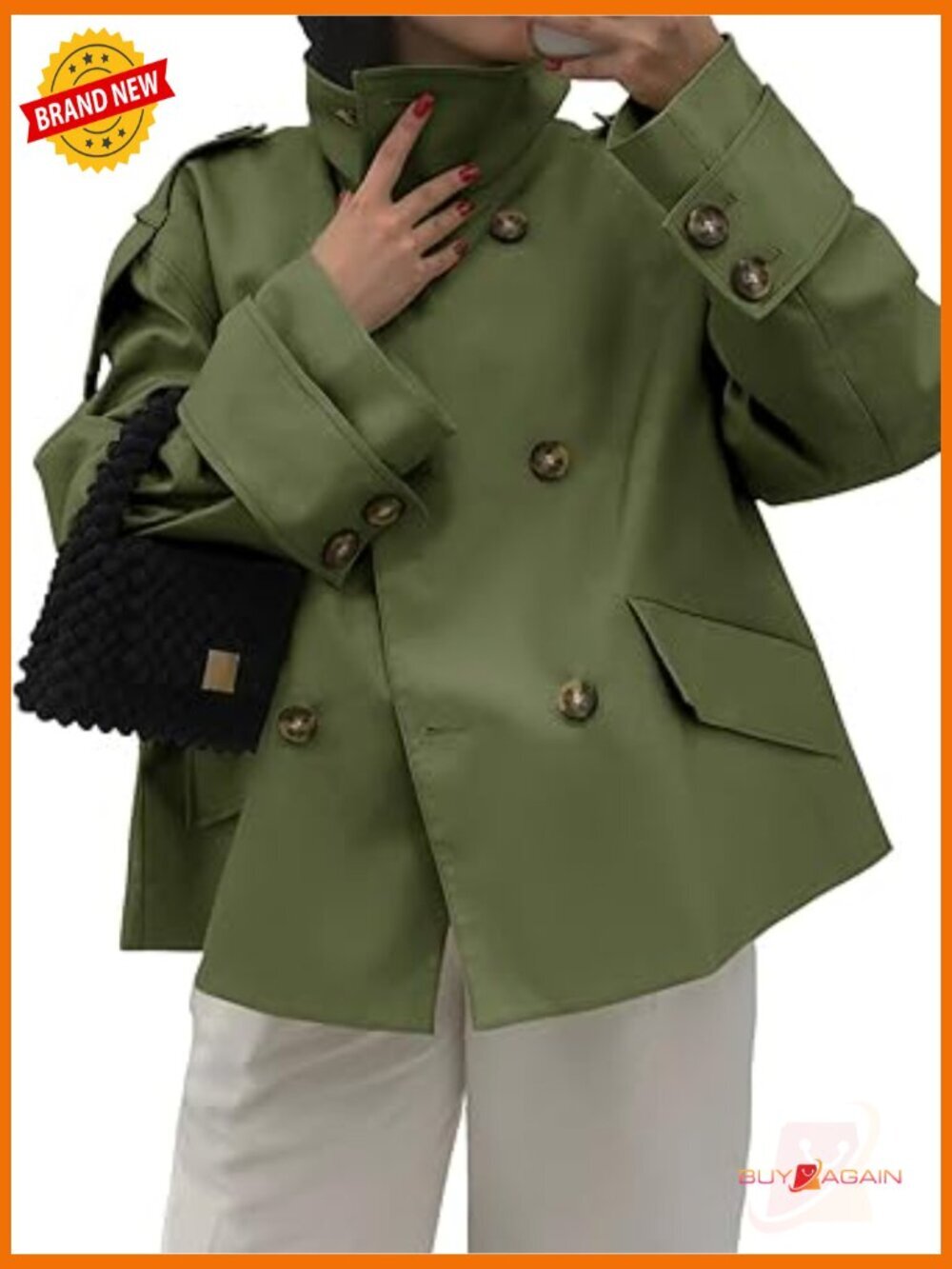 Cropped Trench Coat Oversized Double Breasted Stand Collar Short Jacket Fall